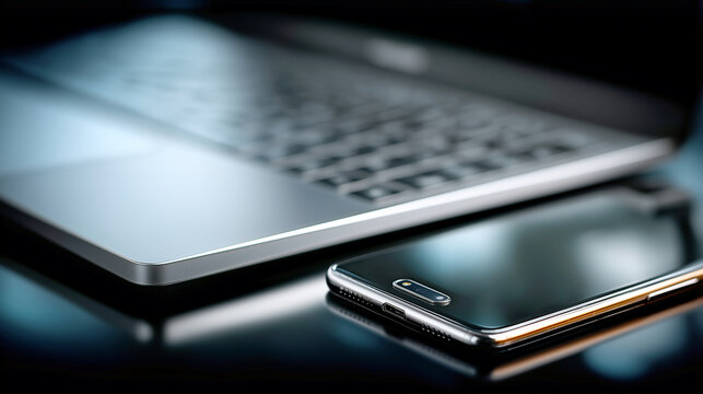 Sleek modern laptop and smartphone on a reflective surface, showcasing advanced technology and design, ideal for digital workspace and communication concepts