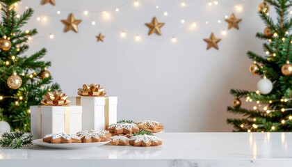 Fototapeta premium Festive baking event decorated christmas cookies cozy home kitchen food photography holiday atmosphere birds eye view seasonal treats