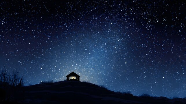 Peaceful night with nativity stable on hill under vast starlit sky