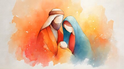 Watercolor illustration of holy family with gentle radiant background © Sarawut