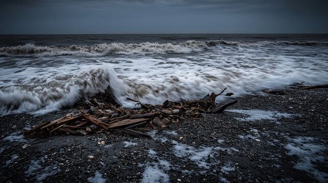 Violent ocean waves crashing onto a beach with debris - Powered by Adobe