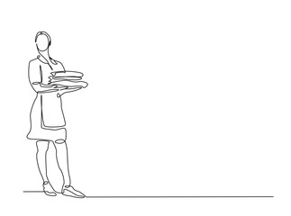 Continuous line art drawing of cleaning maid holding folded towels. Housekeeper holding stack of towels. in single outline illustration.