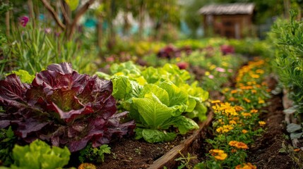 Organic vegetable garden with lettuce and colorful flowers growing in sunlight showing fresh green leaves