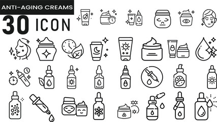 Collection of 30 hand drawn outline icons representing anti aging skincare products and treatments
