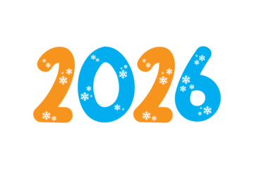 Vibrant orange and blue 2026 numbers decorated with small snowflake motifs on a  white background
