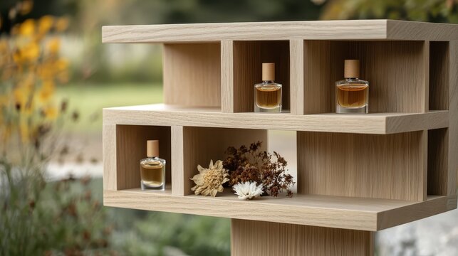 Perfume bottles displayed on light oak wood shelf with flowers - Powered by Adobe
