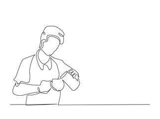 Continuous line art drawing of Barista preparing coffee. Barista in coffee shop in single outline illustration.