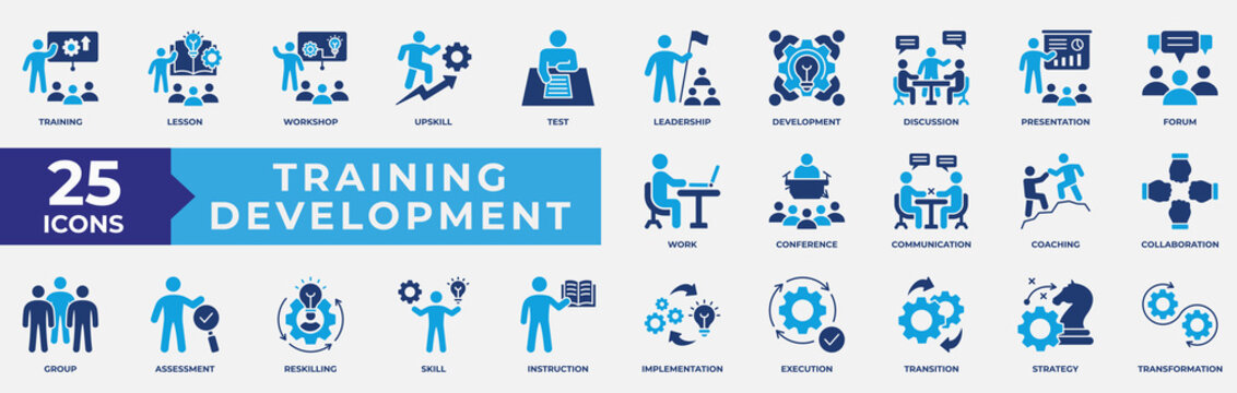 Training Development icon set. Containing development, learning, workshop, coach, mentor, curriculum and seminar. Simple flat vector illustration.