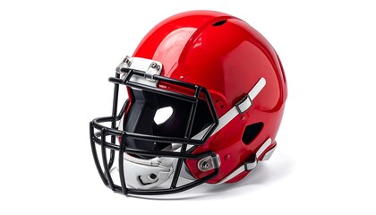 Glossy red football helmet with black face mask, isolated on a bright white background in a studio shot
