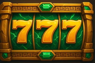 Close-up of gold jackpot 777 slot machine with green gemstone frame for online casino promo