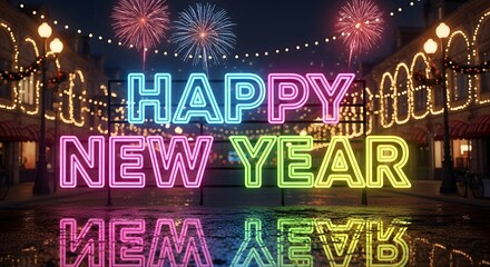 Neon happy new year celebration with fireworks display at night