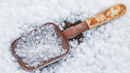 Rusty shovel with snow crystals in winter outdoors