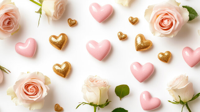 Pink and gold hearts, white roses, romantic decoration, wedding invitation, Valentine’s Day, love theme, floral arrangement, elegant background, romantic design, celebration, affection