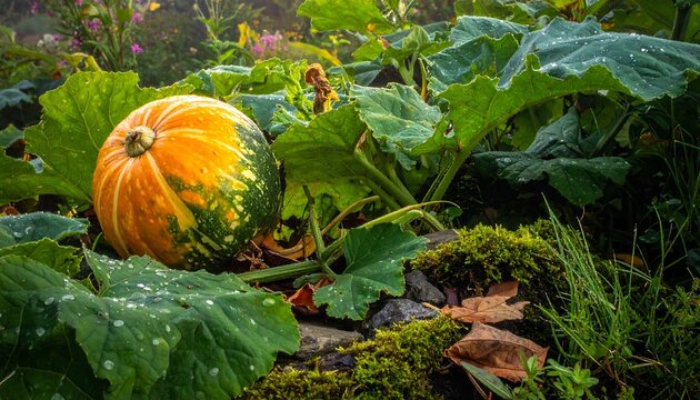Vibrant Pumpkin Amidst Lush Greenery in Autumn Garden.