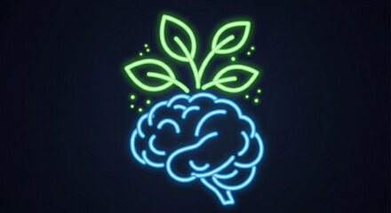 A neon sign illustration of a brain with leaves growing out of it, symbolizing growth, learning, and mental health and isolated on