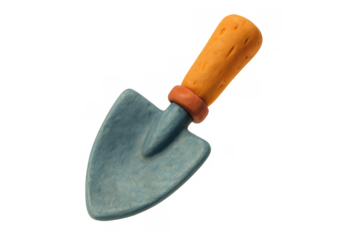 Clay trowel for gardening, a miniature garden tool, isolated object with orange handle and blue blade