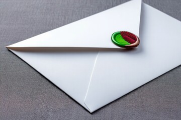 A white envelope is sealed with a decorative wax seal featuring a green and red leaf design, placed on a textured gray background.