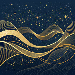 Golden waves and sparkling stars on a dark blue background create a luxurious celestial scene of elegance
