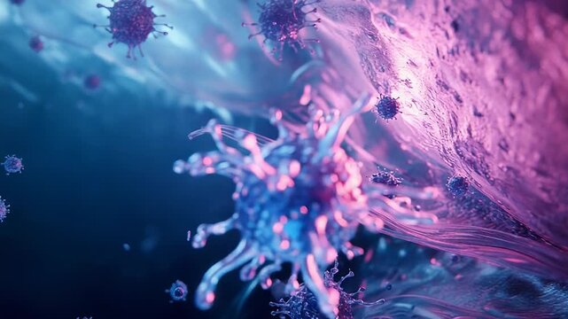 Virus cells spreading and replicating on an infected organism