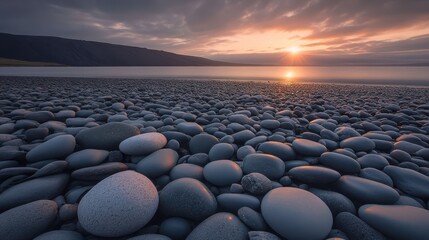 Sunset over smooth stones and beach creating a natural landscape