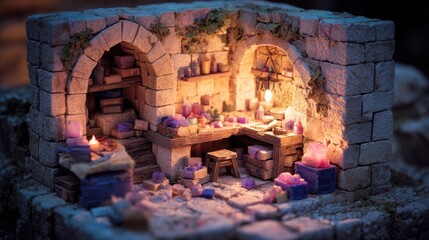 Miniature stone workshop interior with colorful objects, lit by candlelight, creating a cozy and mystical ambiance. Meticulous details shine