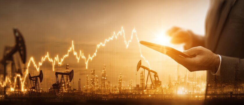 Businessman analyzing oil market trends with digital graph at refinery