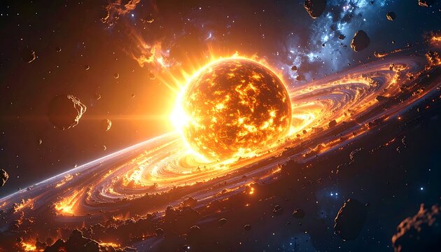 Fiery, glowing sun surrounded by rings of space debris against a backdrop of a starry blue nebula