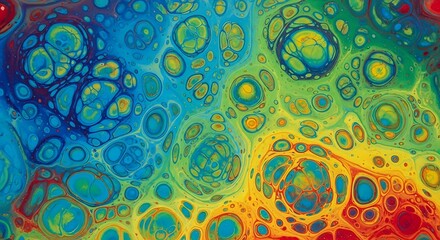 Vibrant Fluid Art Abstract Blue Green Yellow Red Orange Cells Acrylic Pour Painting.