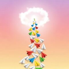 Colorful Paper Airplanes Ascending Towards a Puffy Cloud in a Gradient Sky.