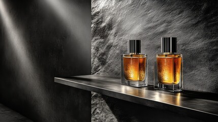 Two elegant perfume bottles displayed on a minimalist black shelf