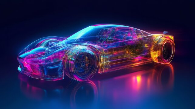Futuristic sports car rendered in vibrant neon colors, showcasing intricate details and transparent design elements, set against a dark background with glowing reflections