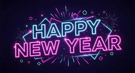 Obraz premium Neon happy new year sign with fireworks and geometric shapes