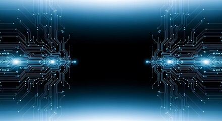 Illustration of abstract futuristic digital circuit board with glowing blue lights and connections, representing technology and data flow