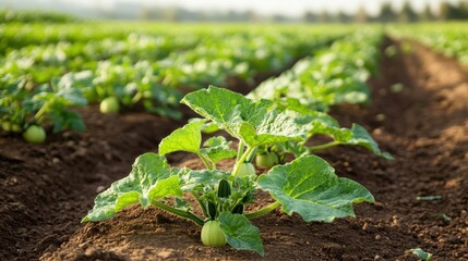Obraz premium Zucchini plants flourishing in a vibrant organic vegetable field