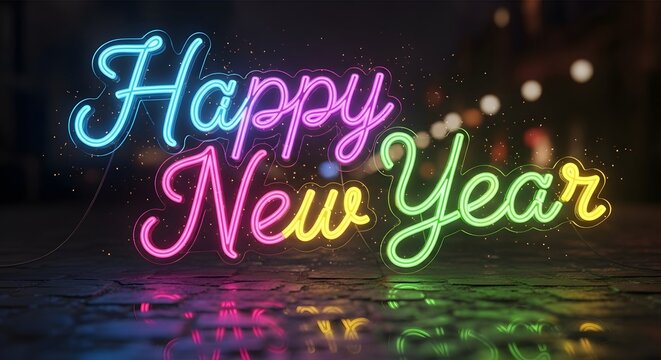 Neon happy new year sign with colorful lights and festive celebration - Powered by Adobe