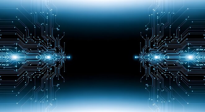 Illustration of abstract futuristic digital circuit board with glowing blue lights and connections, representing technology and data flow - Powered by Adobe