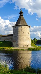 Obraz premium Ancient Russian Fortress Tower by River.