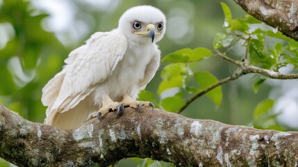 Young Harpy Eagle Fledgling Perched on Branch with Intense Gaze
