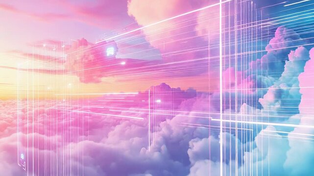 Cloud computing data network lines in vibrant sky