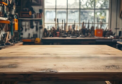 A low-angle shot focusing on a rustic, dark wooden table surface in the foreground,
