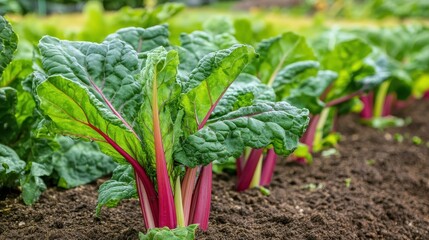 Vibrant swiss chard plants growing in an organic garden