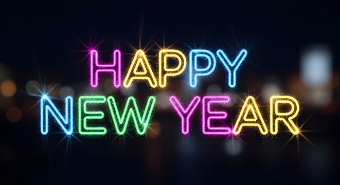 Neon happy new year sign with sparkling effects on blurred background - Powered by Adobe