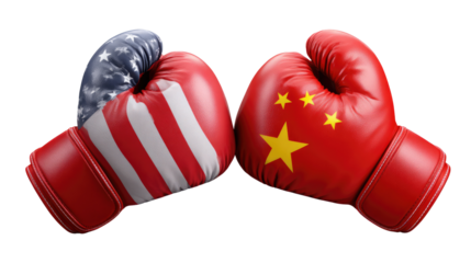 Boxing Gloves Clash: Symbolic of geopolitical tensions, a pair of boxing gloves, one emblazoned with the stars and stripes and the other with the emblem of China, face off in a dramatic showdown.