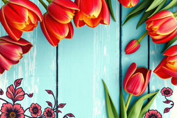 Vibrant Tulips on Wooden Surface