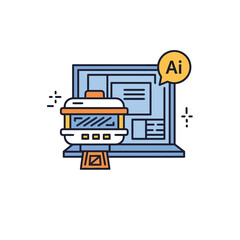 Flat line vector icon of a futuristic Artificial Intelligence machine in front of a laptop.