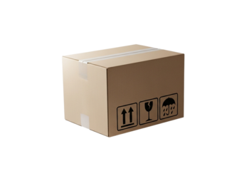 A closed cardboard shipping box with fragile and handling symbols