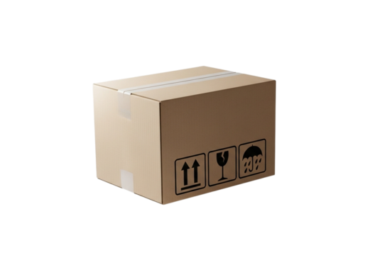 A closed cardboard shipping box with fragile and handling symbols
