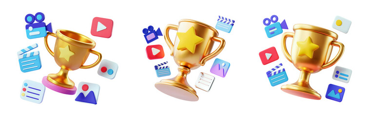 3d Celebrate your content creation success with this stunning golden trophy surrounded by media icons isolated on png transparent background