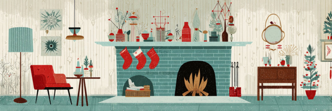 A cozy scene showcases a retro Christmas setup with colorful stockings hung over a green fireplace, vibrant plants, and cheerful decorations, evoking a warm holiday spirit, banner