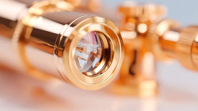 Elegant golden telescope lens reflects intricate detail for precise scientific observation